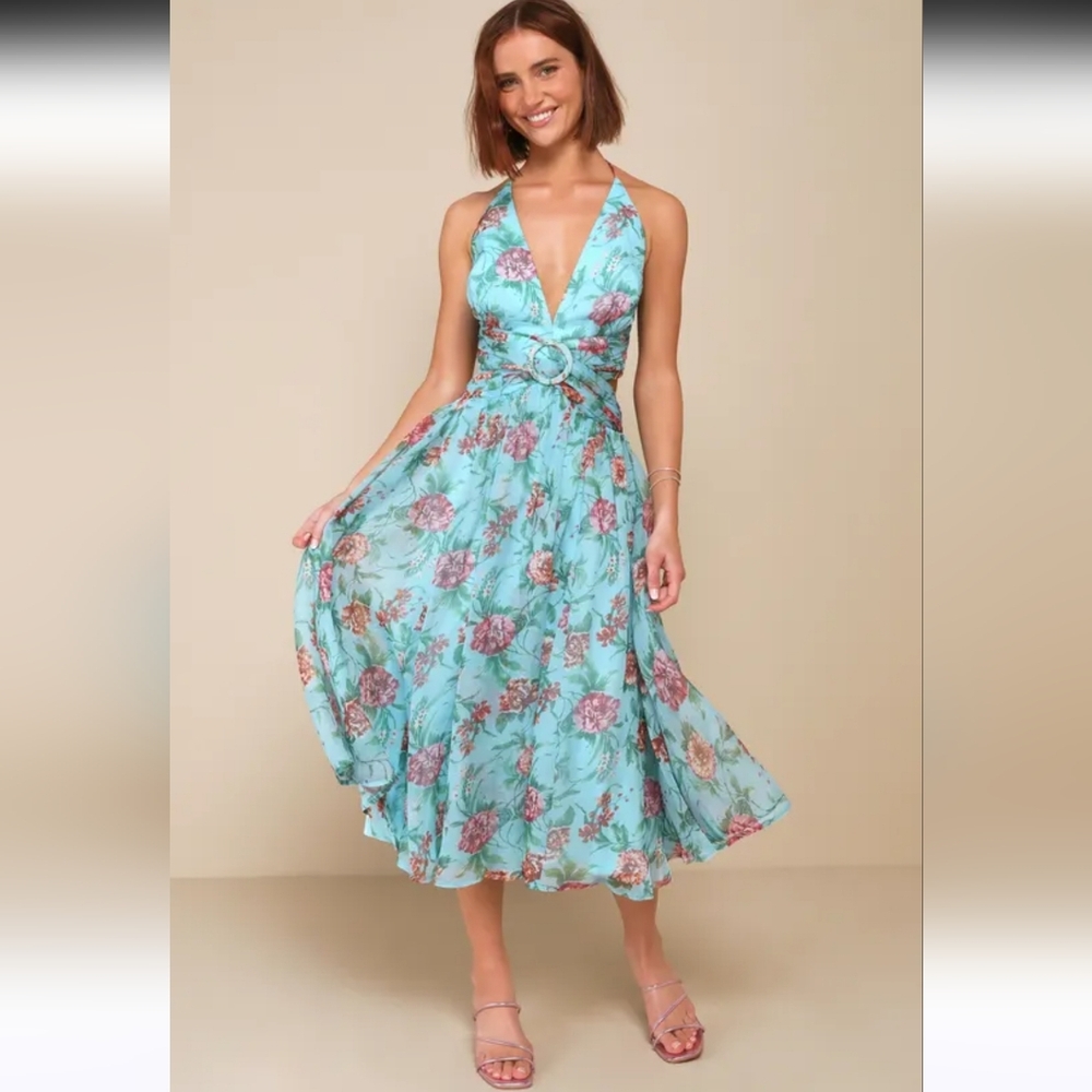 Lulus Exceedingly Radiant Blue Floral O-Ring Cutout Halter Midi Dress Size XSmal